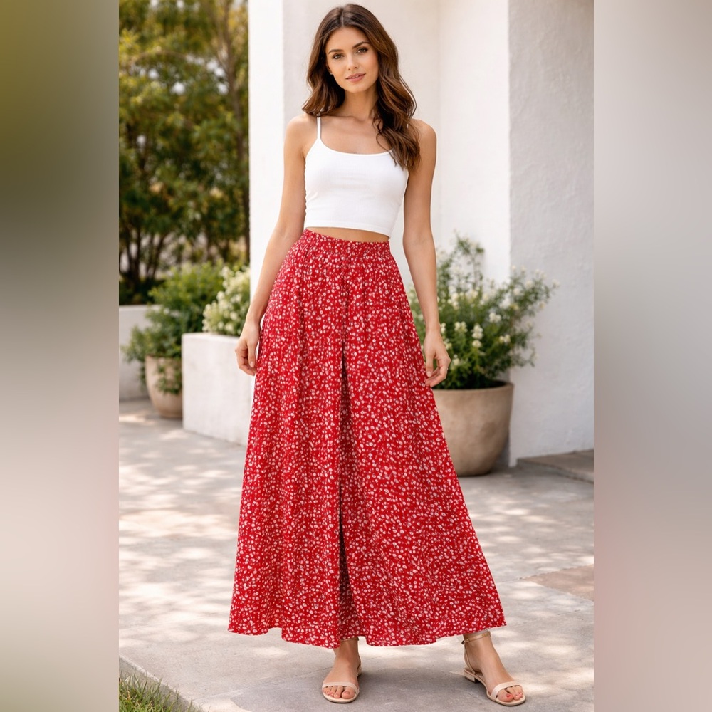 Blue Time Red Floral Maxi Skirt w/Stretchy Waist Band
